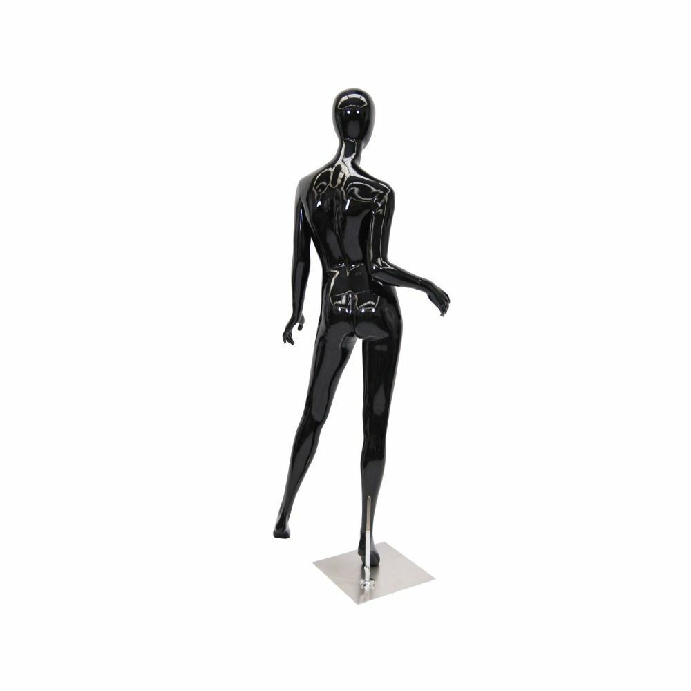 Glossy Black Female Fiberglass Egg Head Mannequin with Round Metal Base