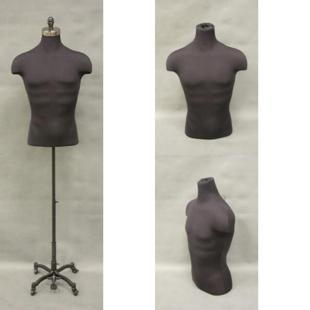 Male Adult Black Fully Pinnable Dress Form Shirt Torso with Black Rolling Base