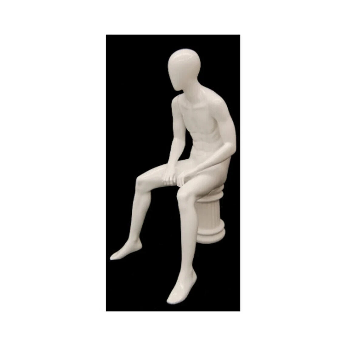 Seated Male Adult Fiberglass Glossy White Mannequin with Stool Included