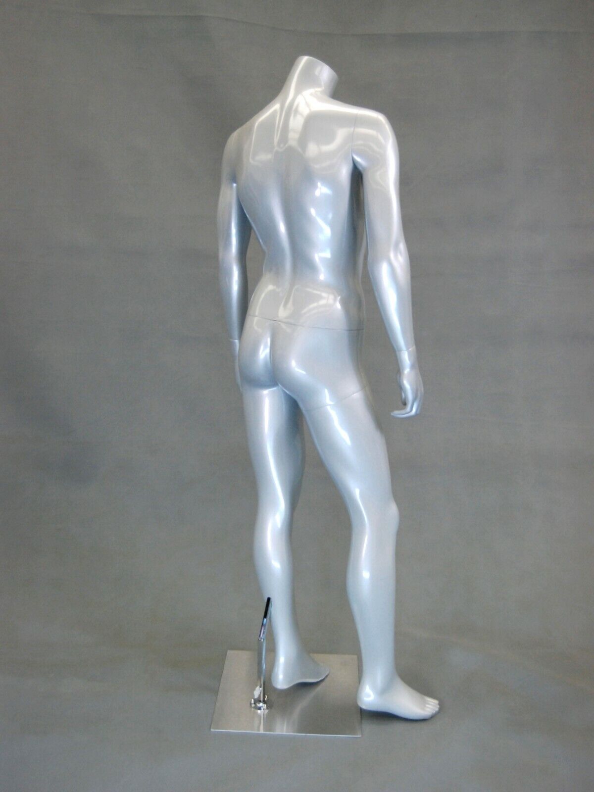 Glossy Silver Male Headless Fiberglass Standing Mannequin with Round Metal Base