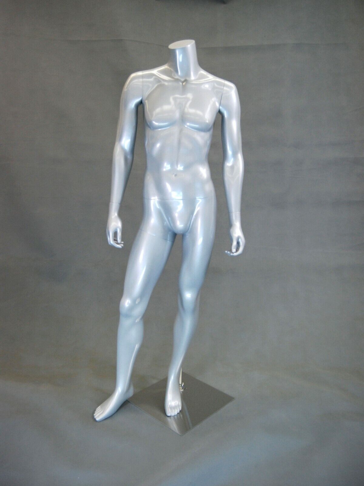 Glossy Silver Male Headless Fiberglass Standing Mannequin with Round Metal Base