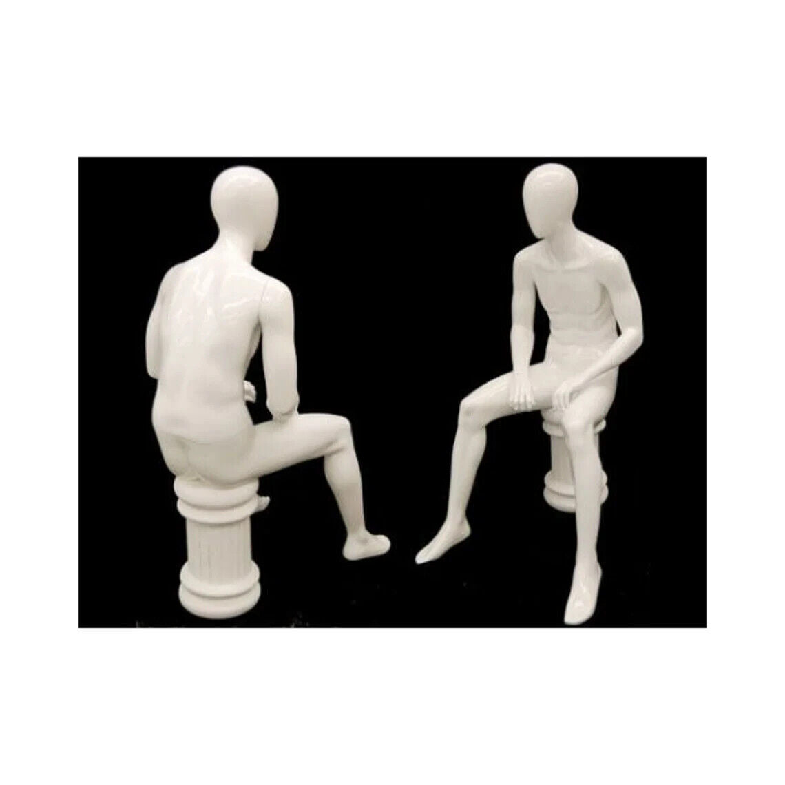 Seated Male Adult Fiberglass Glossy White Mannequin with Stool Included