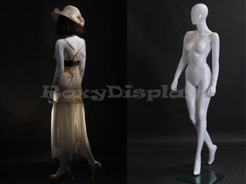 Glossy White Female Egg Head Mannequin – Neutral Standing Pose with Arms by Sides #MZ-LISA9EG