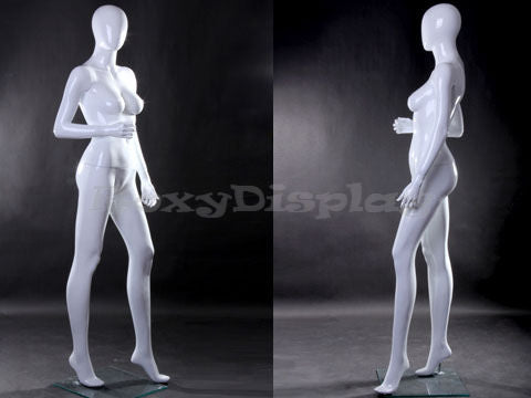 Glossy White Female Egg Head Mannequin – Walking Pose with Arm Raised #MZ-LISA7EG