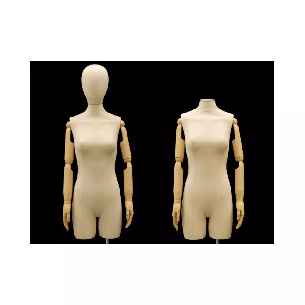 Female Adult Off White Linen Dress Form Mannequin with Head & Flexible Arms #F2LARM