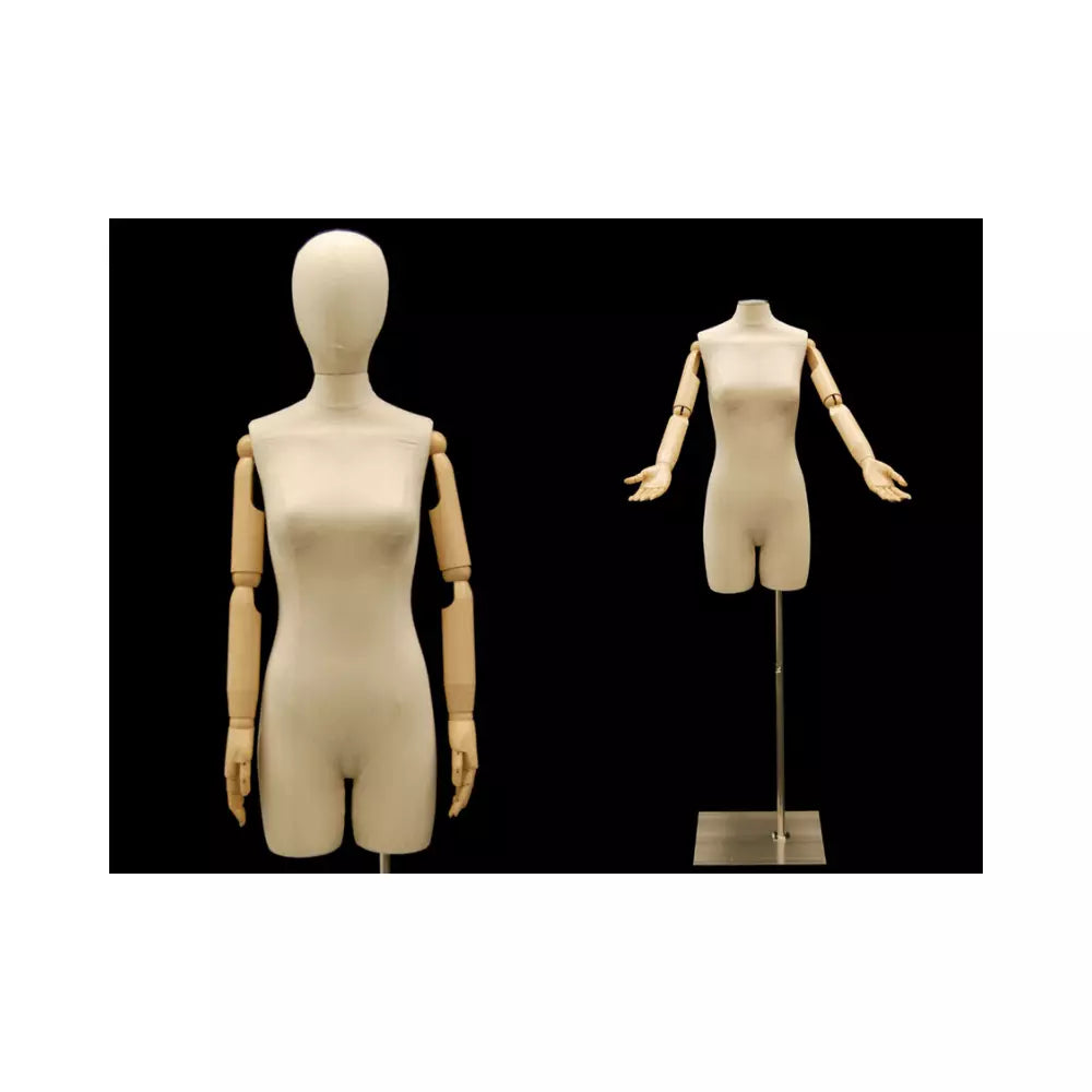 Female Adult Off White Linen Dress Form Mannequin with Head & Flexible Arms #F2LARM