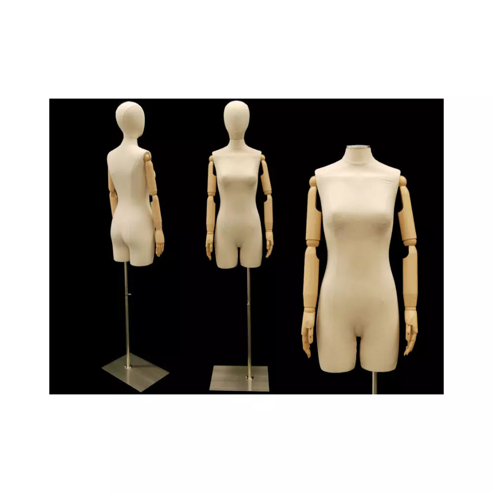 Female Adult Off White Linen Dress Form Mannequin with Head & Flexible Arms #F2LARM