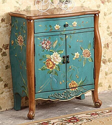 Hand Painted Wood Antique Light Teal & Brown Floral Accent End Table Nightstand