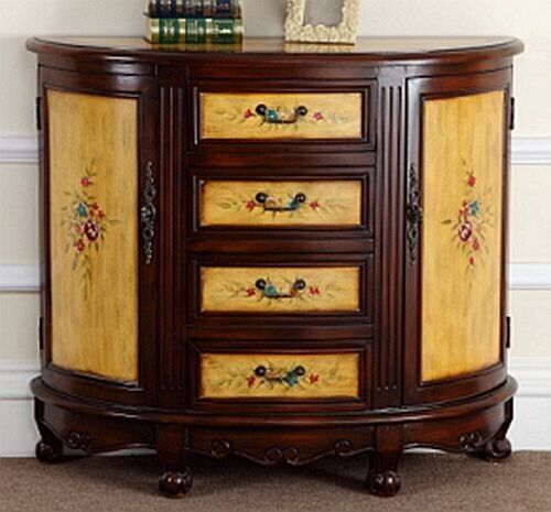 Hand Painted Wood Floral Accent Brown & Yellow Hallway Decor Table with Drawers