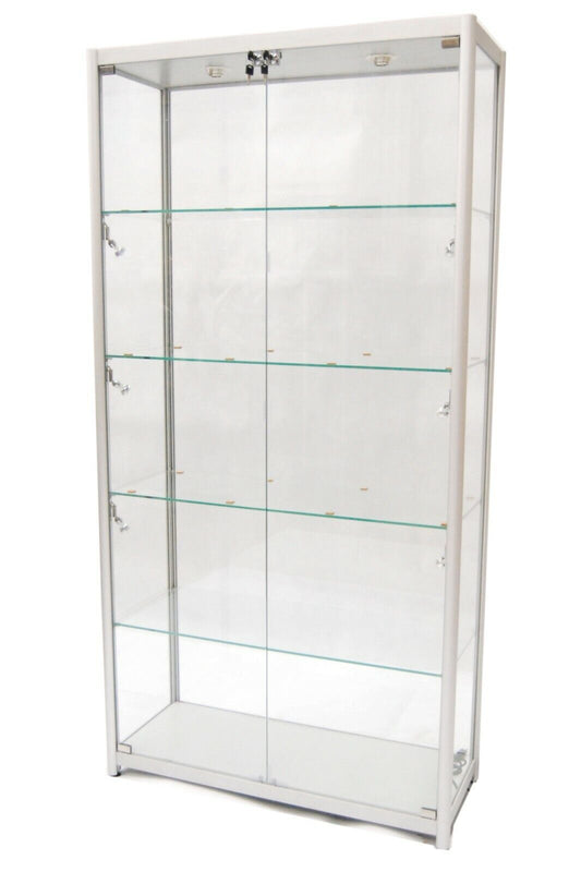 Silver Aluminum Glass Tower Display Showcase with Lockable Doors & LED Lighting