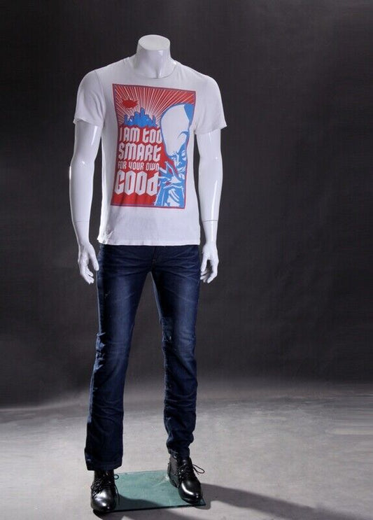 Mens Adult Fiberglass Headless Glossy White Mannequin with Square Glass Base