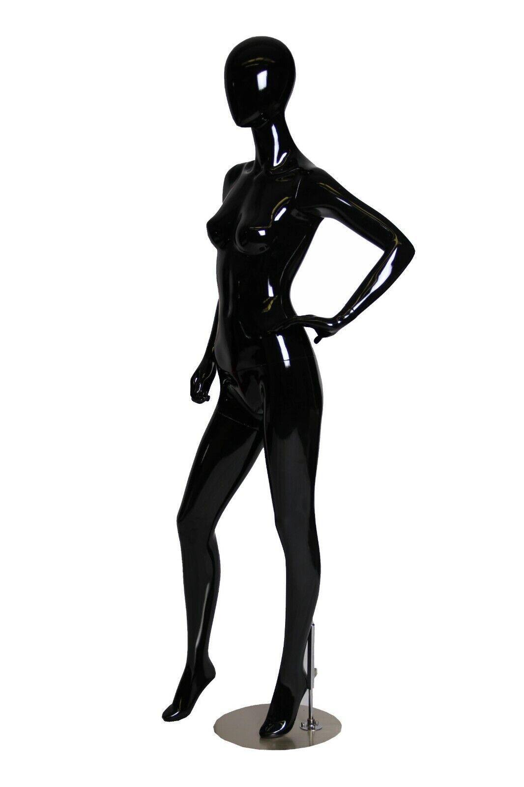 Full Body Egg Head Adult Female Glossy Black Fiberglass Mannequin with Base