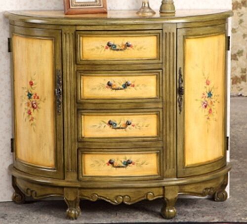 Hand Painted Wood Floral Accent Yellow & Green Hallway Decor Table with Drawers