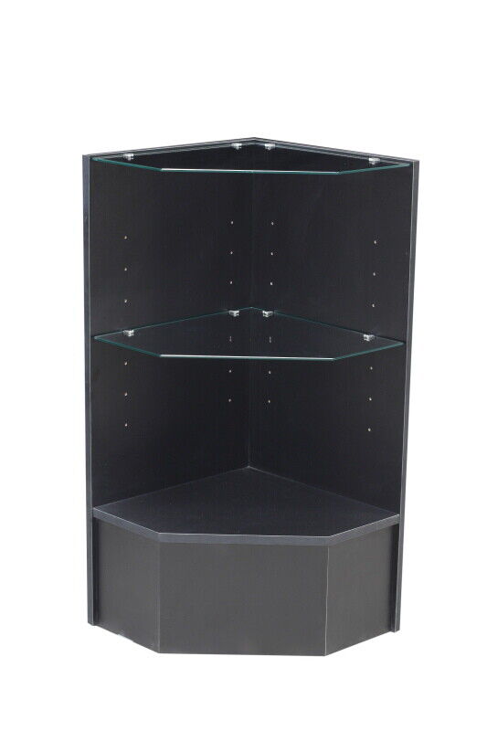 Black Wood Veneer Corner Pentagon Display Case with Tempered Glass Shelves