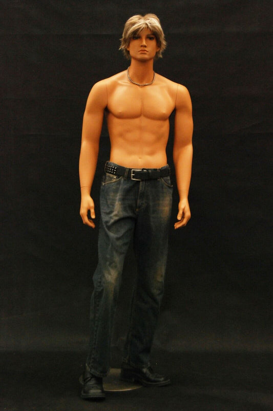 Realistic Tan Adult Male Standing Fully Body Fiberglass Mannequin with Wig