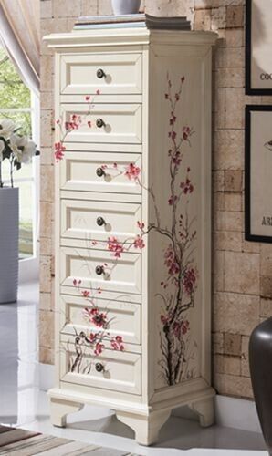 Hand Painted White Wood Floral Decor Accent Dresser Sock Drawer with 7 Drawers