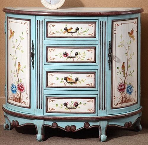 Hand Painted Wood Floral Accent White & Teal Hallway Decor  Table with Drawers