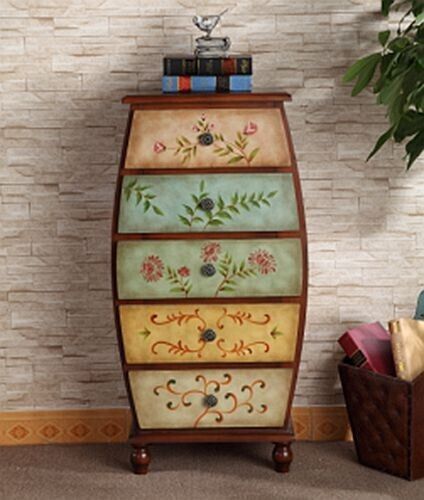 Hand Painted Multi-Color Wooden Antique Floral Accent Decor Drawer Dresser Table