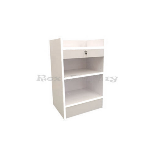 White Wood Veneer Register Check Out Stand with Pull-Out Drawer and Shelving