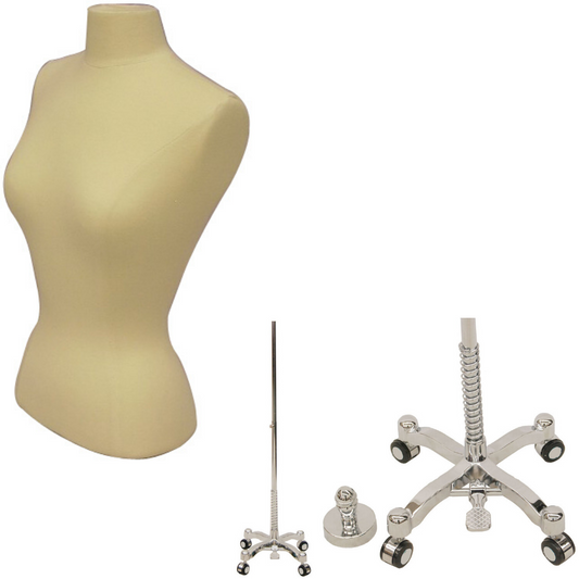 Female Adult Medium Size Off-White Hard Foam Blouse Form with Chrome Wheel Base