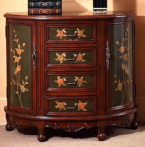 Hand Painted Wood Floral Accent Brown & Green Hallway Decor  Table with Drawers