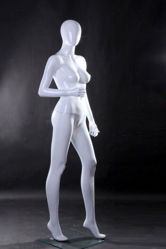 Glossy White Egg Head Fiberglass Full Body Adult Female Mannequin with Base