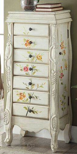 Hand Painted White Wood Antique Floral Accent Decor Jewelry Cabinet with Storage