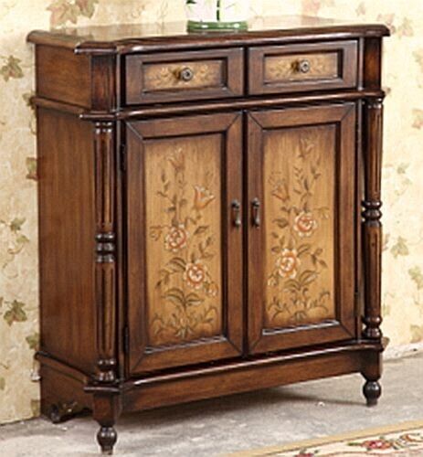 Hand Painted Dark Brown Wood Decorative Floral Table Storage Accent Cabinet