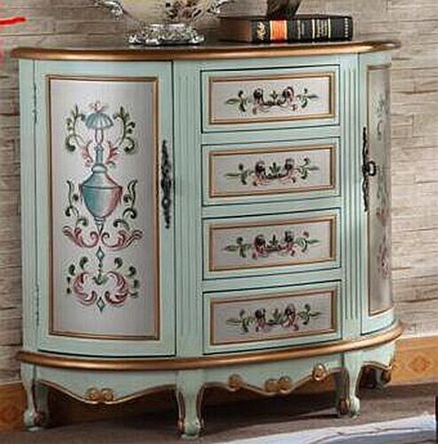 Hand Painted Wooden Antique White & Teal Accent Decor Hallway Table with Drawers
