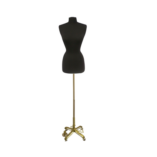 Female Dress Form Pinnable Black Mannequin Torso Size 2-4 with Gold Wheeled Base