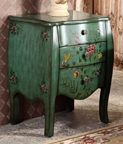 Hand Painted Wooden Antique Green Floral Accent End Table Nightstand