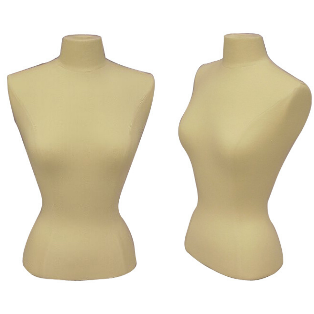 Female Adult Small Size Off-White Hard Foam Blouse Form with Chrome Wheel Base