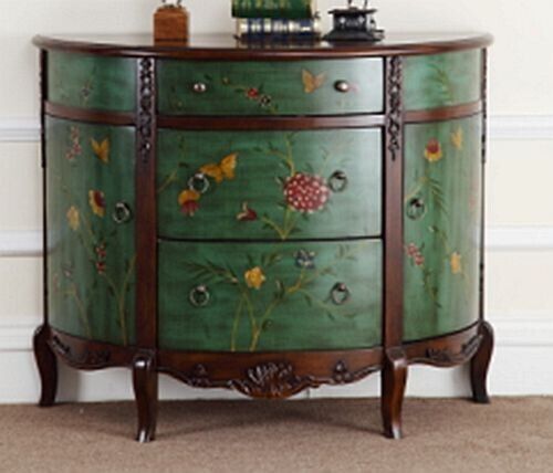 Hand Painted Wooden Antique Dark Green Floral Accent Dresser Table with Drawers