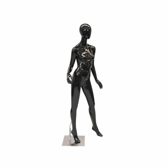 Glossy Black Female Fiberglass Egg Head Mannequin with Round Metal Base