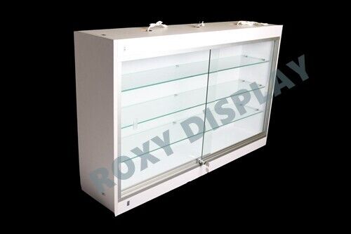 White Wood Wall Mounted 48 Inch Lockable Display Showcase with LED Lights