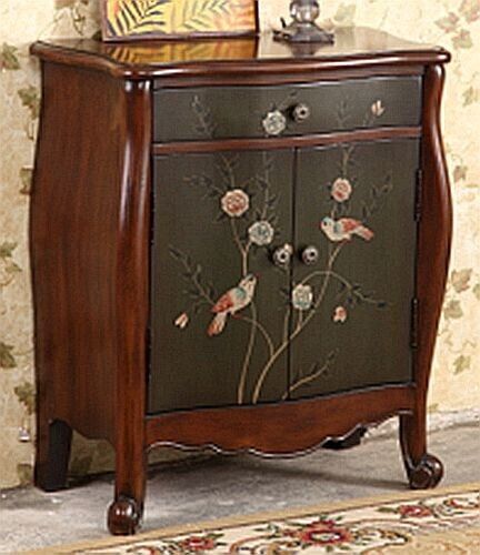 Hand Painted Wood Antique Dark Green & Brown Floral Accent End Table Nightstand