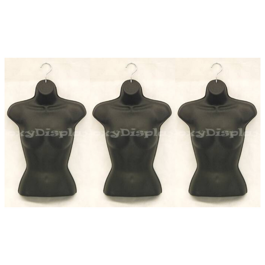 Plastic Hanging Black Half Round Female Mannequin Torso Shirt Form - 3 Pack