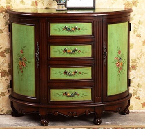 Hand Painted Wood Floral Accent Green & Brown Decor Hallway Table with Drawers