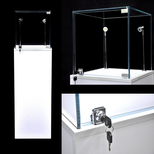 Glass Top White Pedestal Exhibition Display Showcase with LED Lights and Lock