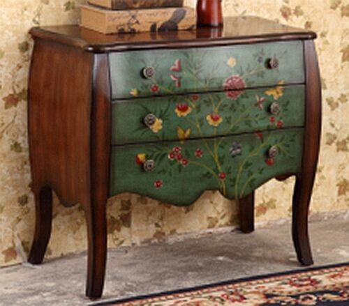 Hand Painted Green & Brown Wood Antique Floral Accent Decor Side Night End Table