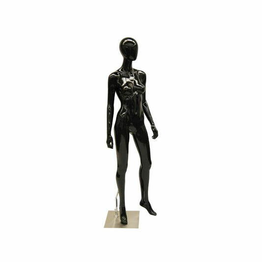 Glossy Black Female Fiberglass Egg Head Mannequin with Round Metal Base