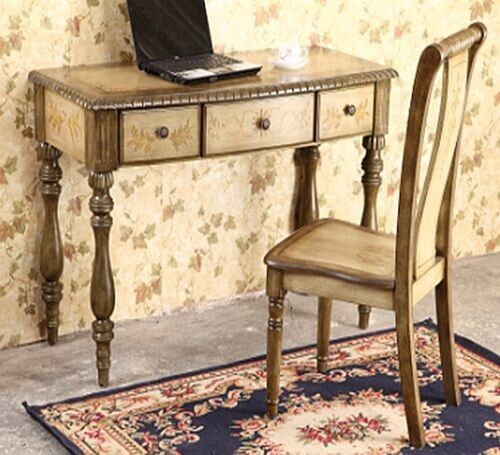 Hand Painted Floral Decor Wood Accent White & Green Writing Work Desk with Chair