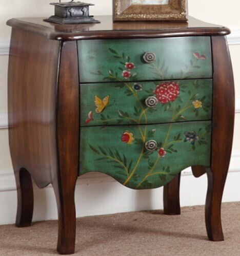 Hand Painted Wooden Antique Brown & Green Floral Accent End Table Nightstand