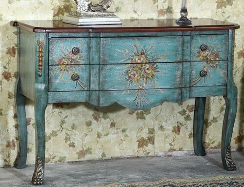 Hand Painted Light Blue Wooden Antique Floral Accent Decor Dresser Drawer Table