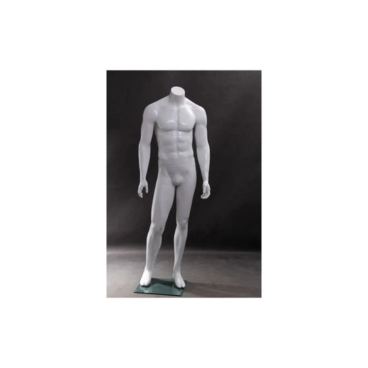 Mens Adult Fiberglass Headless Glossy White Mannequin with Square Glass Base