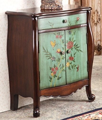 Hand Painted Wood Antique Green & Brown Floral Accent End Table Nightstand