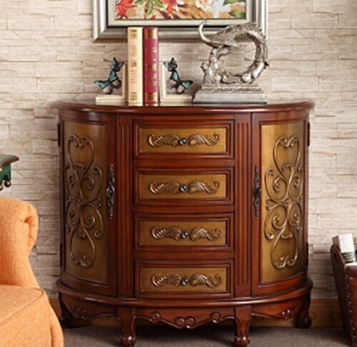 Hand Painted Wood Floral Accent Light Brown Decor Hallway Table with Drawers