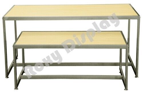 Natural Wood Aluminum Framed Two Tiered Display Table Set