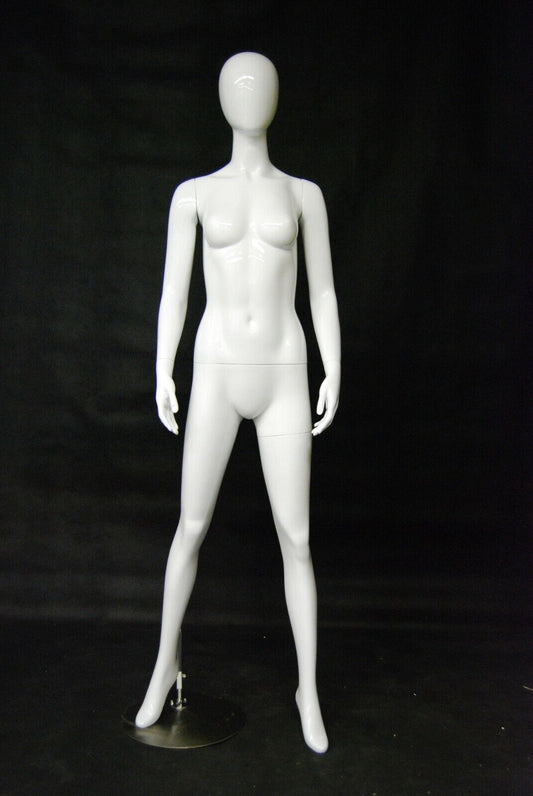 Women's Glossy White Adult Full Body Fiberglass Egg Head Mannequin with Base