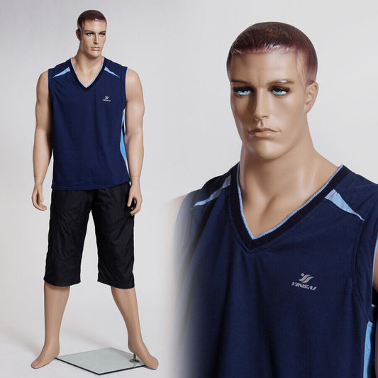Realistic Male Adult Full Body Fiberglass Fleshtone Mannequin with Molded Hair